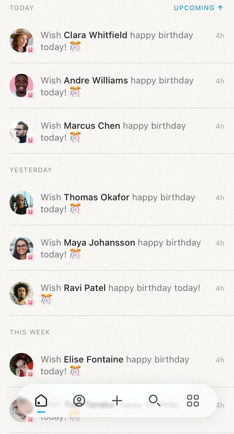 Mesh app Birthdays Home view