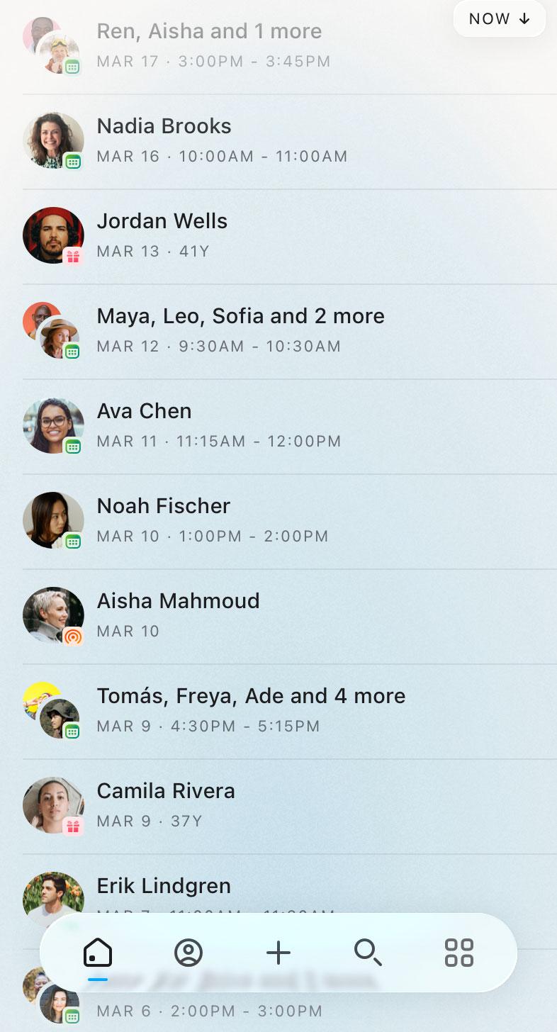 Mesh app Upcoming Home view